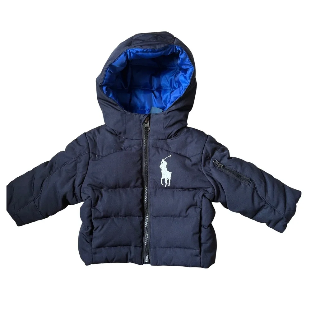 Polo Ralph Lauren Kids Navy Blue Big Pony Down Puffer‎ Jacket 9M Hooded Coat